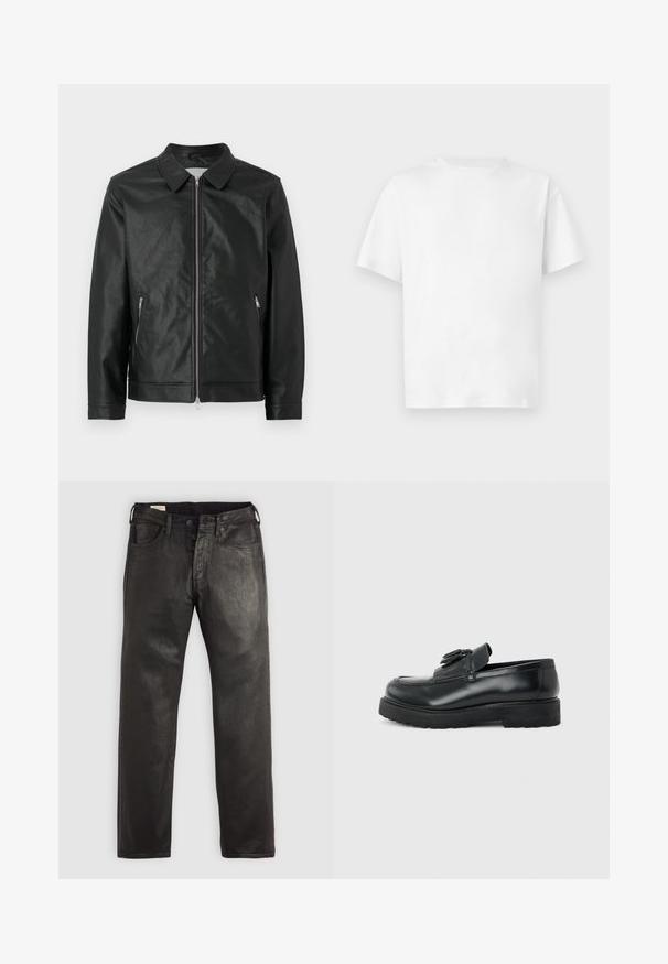 Veste en cuir noir avec col à bouton-pression, fermeture éclair à l'avant et deux poches zippées sur les côtés. Fini texturé et design structuré complètent le look.; T-shirt blanc uni à manches courtes en coton avec col rond, présenté à plat sur un fond neutre.; Jean en denim noir à coupe droite, avec une fermeture à bouton et à glissière, cinq poches et une texture lisse.; Mocassin en cuir noir avec pampilles, semelle épaisse en caoutchouc et talon bas, présenté de profil sur un fond uni.