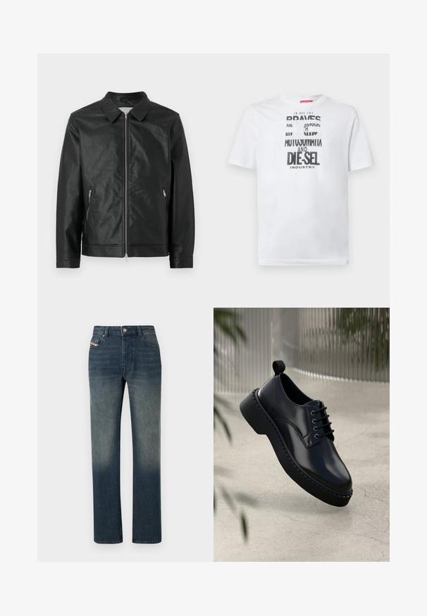 Chaqueta de cuero negra con cuello a presión, cremallera frontal y dos bolsillos laterales con cremallera. El acabado texturizado y el diseño estructurado completan el look.; Camiseta blanca de algodón con tipografía negra audaz que muestra las palabras "BRAVES" y "DIE-SEL INDUSTRY" y un diseño de recorte semitransparente.; Vaqueros de mezclilla azul de pierna recta con lavado desvanecido, cierre frontal con botón y cremallera, y diseño de cinco bolsillos.; Zapato de piel negra con punta redondeada, diseño con cordones y suela de goma gruesa con un borde texturizado. Acabado elegante y hardware minimalista.