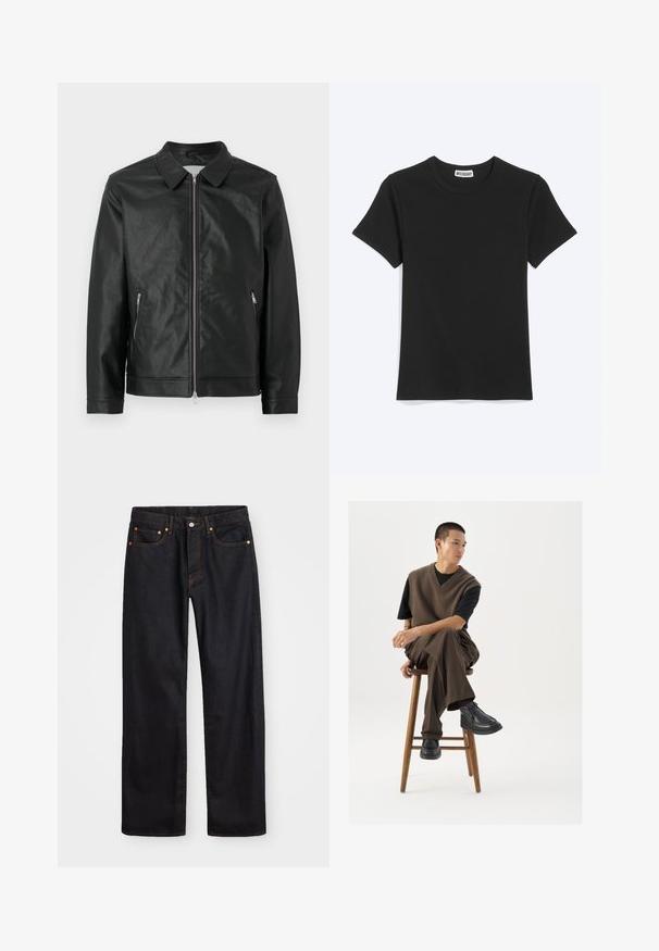 Sort læderjakke med knapkrave, frontlynlås og to sidelommer med lynlås. Teksturfinish og struktureret design fuldender udseendet.; Enkel sort t-shirt med korte ærmer og rund hals med et Weekday-mærke inde i kraven, vist på en hvid baggrund.; Mænds lige ben sorte denim jeans med fem lommer og orange syninger, knap- og lynlåslukning foran på taljen.; Brun strikket vest over en sort t-shirt, parret med brune vidde bukser og sorte chunky sko, siddende på en træstub.