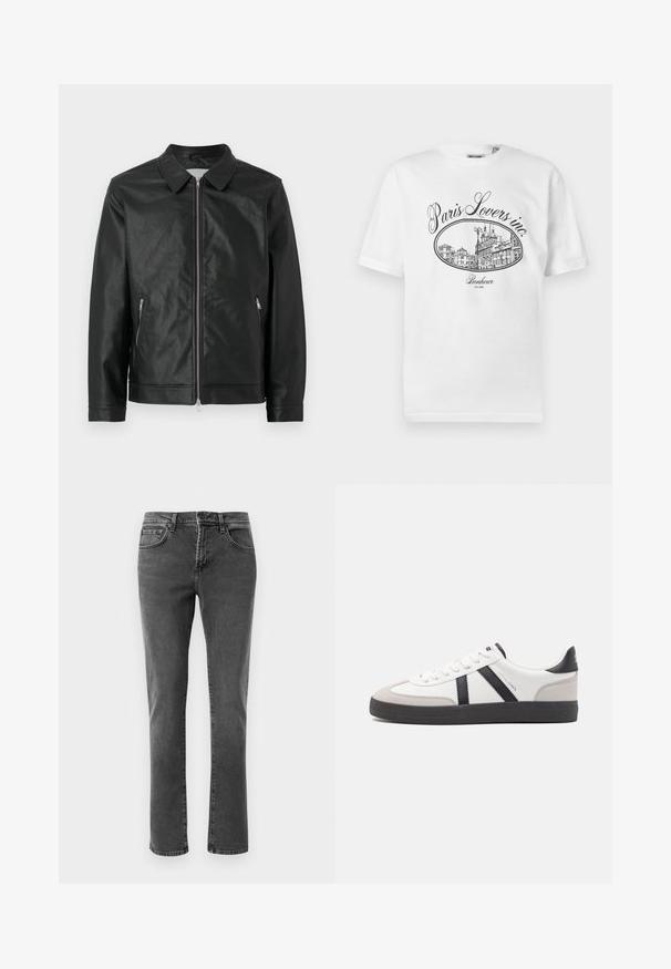 Sort læderjakke med knapkrave, frontlynlås og to sidelommer med lynlås. Teksturfinish og struktureret design fuldender udseendet.; Hvid bomulds-T-shirt med et sort illustrativt tryk af en pariserbybillede med teksten "Paris Lovers inc." og "Bonheur EST.1992."; Sorte straight-leg denim jeans med front- og baglommer, lynlåslukning og knaplukning på en neutral hvid baggrund.; Hvide sneakers med sorte og grå detaljer, med en tekstureret grå tåhætte, sort gummisål og flade hvide snørebånd. Rent design, minimalistisk stil.