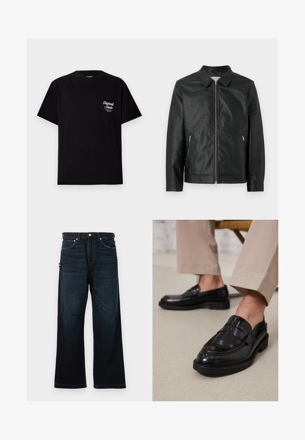 Sort læderjakke med knapkrave, frontlynlås og to sidelommer med lynlås. Teksturfinish og struktureret design fuldender udseendet.; Sort kortærmet t-shirt lavet af bomuld. Har et lille hvidt logo på venstre brystområde. Rund halsudskæring, almindelig pasform.; Mørkeblå lige ben jeans med klassisk fem-lomme design, bæltestropper og subtile falmede detaljer foran og på knæene.; Sorte lædermokkasiner med en glat overflade, der har en dekorativ rem og kontraststing, parret med beige bukser.