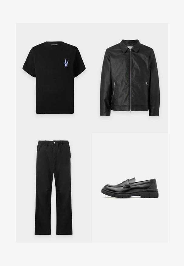 Chaqueta de cuero negra con cuello a presión, cremallera frontal y dos bolsillos laterales con cremallera. El acabado texturizado y el diseño estructurado completan el look.; Camiseta de algodón negra con mangas cortas, que presenta un pequeño gráfico morado en la parte izquierda del pecho. Diseño sencillo y rectangular.; Pantalones negros de algodón con una cintura elástica, que cuentan con un diseño de pierna recta, textura suave y sin acentos ni patrones visibles.; Mocasin de cuero negro con una cinta ancha en el empeine, suela de goma con tacos gruesos y textura suave. Diseño clásico y elegante.