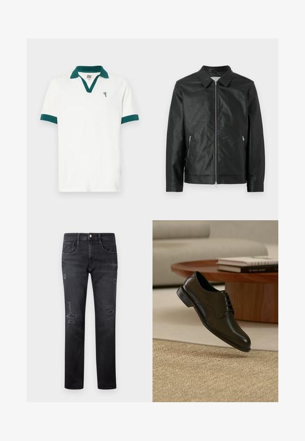 Zwarte leren jas met een drukknop-kraag, voorrits en twee zijzakken met rits. Textuurafwerking en gestructureerd ontwerp maken de look compleet.; Witte poloshirt met een teal kleurige kraag en accenten op de mouwen, voorzien van een klein hartvormig logo. Gemaakt van een zachte stof met een klassieke snit.; Zwarte denim jeans met een rechte pasvorm, voorzien van verstoorde patches, vijf zakken, een kleine metalen knoop en riemlussen in de taille.; Zwarte leren veterfluwelen herenschoen zwevend boven beige tapijt met houten salontafel en boeken op de achtergrond.