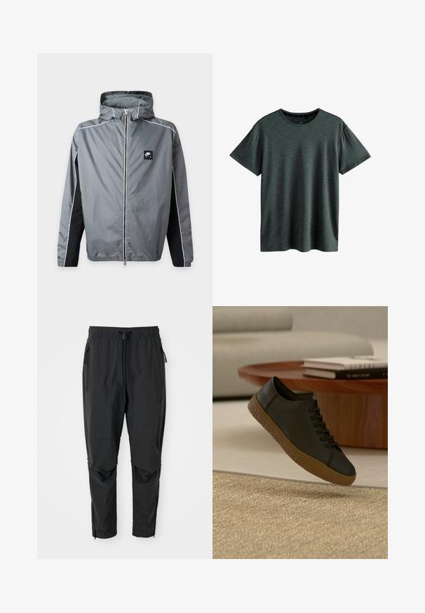 Šedá kapucňová bunda Nike Air s plným predným zipsom, čiernymi bočnými panelmi, bielymi lemami a elastickými manžetami zobrazená na jednofarebnom pozadí.; Tmavošedé tričko vyrobené z mäkkej, štruktúrovanej látky. Má klasický okrúhly výstrih a krátke rukávy so subtílnym vzorom. Žiadne viditeľné logo.; Čierne ľahké nohavice s elastickým pásom, sťahovacou šnúrkou, bočnými vreckami na zips, vystuženými kolenami a zipsami na členkoch.; Čierna teniska s hnedou podrážkou sa javí, akoby sa vznášala nad béžovým kobercom, pred dreveným konferenčným stolíkom so stohovanými knihami.