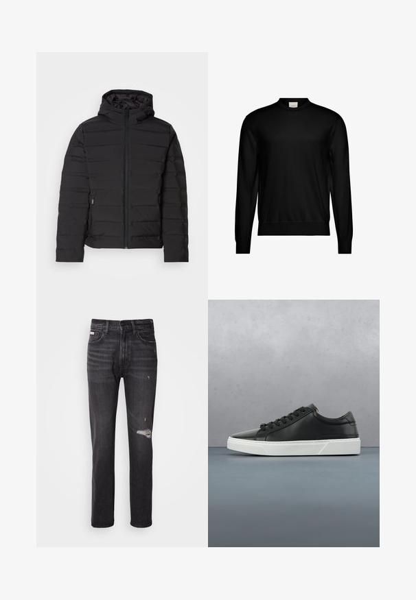 Sort polstret jakke med hætte, med vandrette syninger, frontlynlås og sidelommer. Glat tekstur, letvægtsdesign.; Sort langærmet sweater med rund hals og ribstrikkede manchetter og kant, med et lille hvidt mærke med brand inde i halsudskæringen.; Sorte denim jeans med lige ben-design, distressed detaljer ved knæene, fem-lommestil og en diskret falmet finish.; Sorte lædersneakers med rund tå, tekstureret overflade, hvid gummisål og sorte snørebånd. Minimalistisk design med en slank profil.