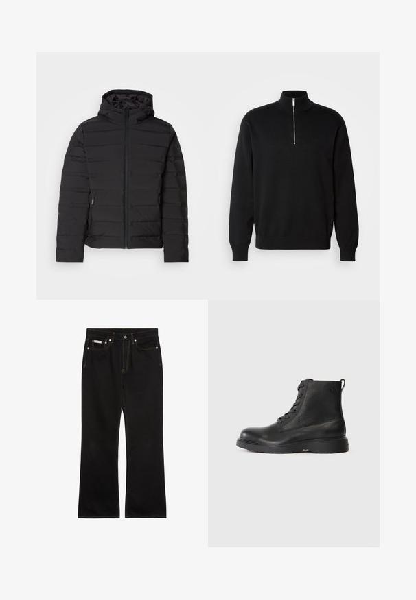 Veste matelassée noire avec capuche, dotée de coutures horizontales, fermeture éclair à l'avant et poches latérales. Texture lisse, design léger.; Pull à col zippé noir en tissu lisse, avec un col haut et des manches longues, et un logo discret sur la poitrine.; Jean noir droit avec coutures orange, cinq poches, fermeture par bouton, et une petite étiquette Calvin Klein sur la poche avant droite.; Bottine noire en cuir texturé avec un bout rond, un design à lacets, et une solide semelle en caoutchouc noir. Elle est dotée d'une boucle au talon.