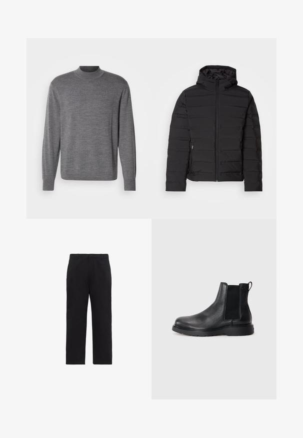 Veste matelassée noire avec capuche, dotée de coutures horizontales, fermeture éclair à l'avant et poches latérales. Texture lisse, design léger.; Pull gris à manches longues en matériau tricoté, avec un col montant et un logo discret sur la poitrine. Texture lisse et design ajusté.; Pantalon noir droit avec passants pour ceinture, braguette zippée à l'avant et poches latérales, présenté sur fond blanc.; Bottes Chelsea en cuir noir avec une finition texturée, des panneaux latéraux élastiques et une semelle en caoutchouc robuste. Branding subtil sur le talon.