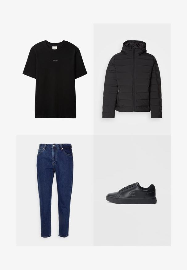 Chaqueta acolchada negra con capucha, con costuras horizontales, cierre frontal y bolsillos laterales. Textura suave, diseño ligero.; Camiseta de algodón negra con cuello redondo y mangas cortas. Presenta un pequeño logo blanco "Calvin Klein" en el frente. Ajuste clásico y suave.; Vaqueros de mezclilla azul oscuro de corte recto, con cierre frontal de botón y cremallera, trabillas para cinturón y bolsillos delanteros y traseros.; Zapatillas negras de cuero con diseño de cordones, suela de goma y logo en relieve en el lateral, que presentan una textura suave y un estilo minimalista.