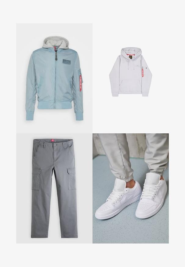 Veste bomber bleu clair avec une capuche grise. Présente des poignets et une taille côtelés, une fermeture éclair sur le devant, une poche inclinée et un détail d'étiquette rouge.; Sweat à capuche gris clair avec poche avant, capuche à cordon, petit logo sur la poitrine et poche zippée sur la manche avec une étiquette rouge.; Pantalon cargo gris à jambes droites avec poches à rabat sur les côtés, fermeture avant par boutons et fermeture éclair, et passants pour ceinture à la taille.; Des baskets en cuir blanc présentent une zone de perforation à l'avant, des lacets plats, un col rembourré et le logo Jordan sur la languette. Portées avec un pantalon de jogging gris.