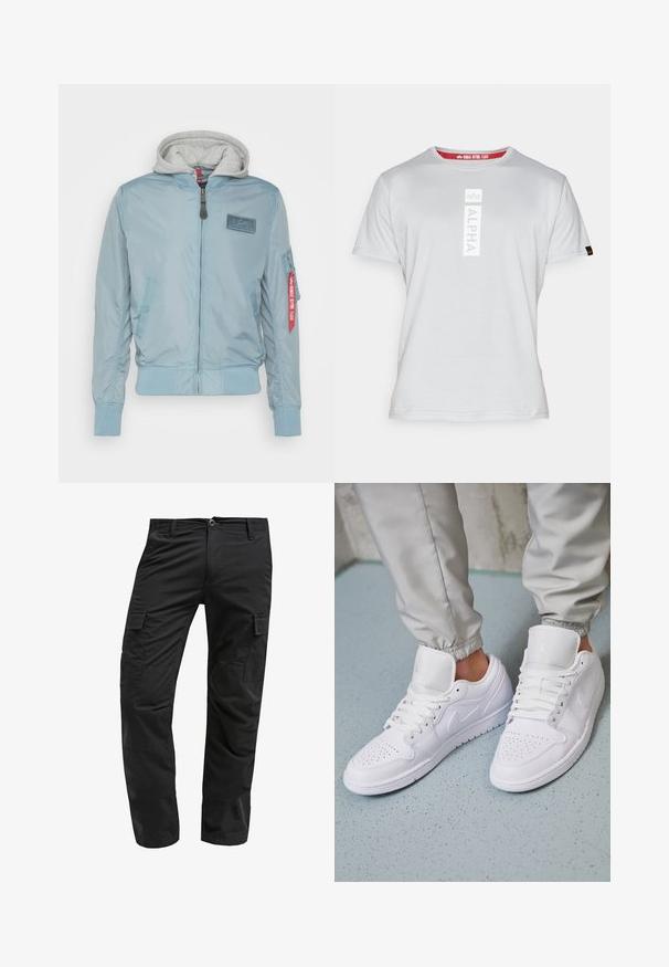 Lichtblauwe bomberjack met een grijze capuchon. Heeft ribgebreide manchetten en tailleband, een rits aan de voorkant, een schuine zak en een rood labeldetail.; Grijze katoenen t-shirt met een verticale "ALPHA"-logo in het wit op de voorkant, een ronde halslijn en een rood label binnenin met de tekst "REMOVE BEFORE FLIGHT."; Zwarte cargobroek met een rechte snit, gemaakt van duurzaam materiaal, met meerdere zijzakken en een knoopsluiting bij de taille.; Witte leren sneakers met een geperforeerde neus, platte veters, een gepolsterde kraag en het Jordan-logo op de tong. Gediend met grijze joggers.