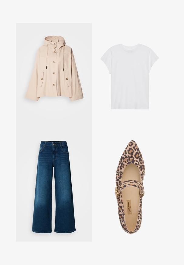 Lys beige hættetrøje i en afslappet pasform, med knaplukning foran, to sidelommer og justerbare snore i hætten.; Hvid kortærmet t-shirt med rund hals, afslappet pasform, lavet af blødt bomuldsstof. Glat tekstur, ingen mønstre eller logoer.; Viddejeans lavet af mørkeblå denim. Har høj talje, knaplukning og klassisk fem-lomme design med subtile falme.; Leopard-print Mary Jane sko med spids tå, blødt stof overdel og en rem forsynet med en guldbuckle. Kig til cremeforing og sål.
