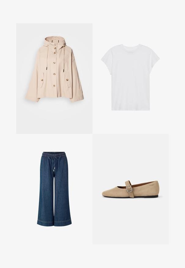 Helle beige Kapuzenjacke in lockerer Passform, mit Knopfverschluss, zwei Seitentaschen und verstellbaren Zugbändern an der Kapuze.; Weißes kurzärmliges T-Shirt mit Rundhalsausschnitt, lockerer Passform, aus weichem Baumwollstoff. Glatte Textur, keine Muster oder Logos.; Denim-Hosen im weiten Schnitt mit elastischem Bund, Kordelzugverschluss und silbernen Hardware-Akzenten. Dunkelblaue Farbe mit genähtem Saum.; Beige Wildleder Mary Jane Ballerinas mit spitzer Zehe und einem verstellbaren Riemen mit einer silbernen Schnalle. Schwarze flache Sohle.