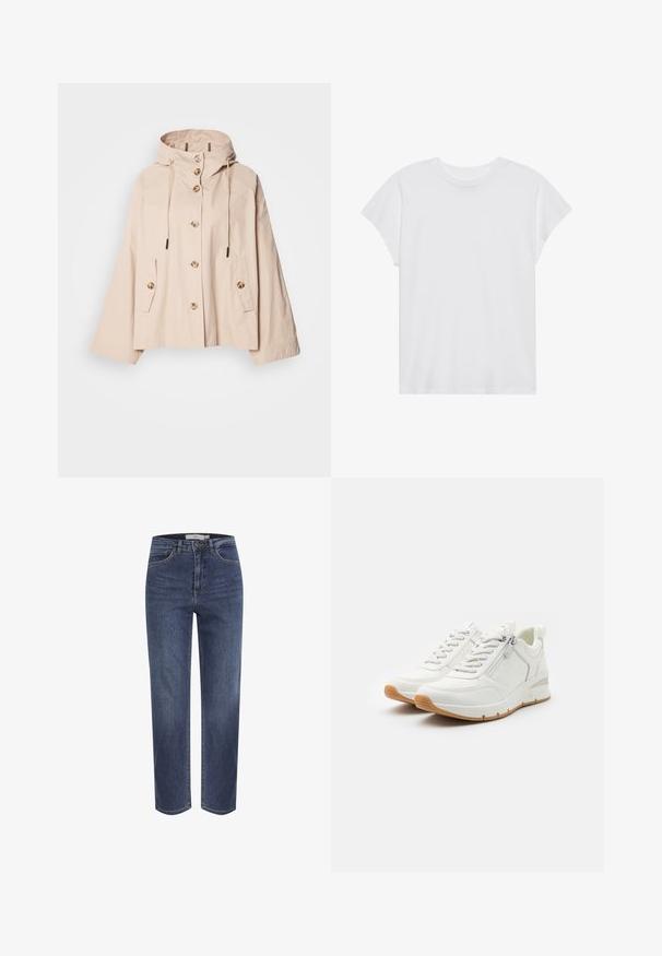 Helle beige Kapuzenjacke in lockerer Passform, mit Knopfverschluss, zwei Seitentaschen und verstellbaren Zugbändern an der Kapuze.; Weißes kurzärmliges T-Shirt mit Rundhalsausschnitt, lockerer Passform, aus weichem Baumwollstoff. Glatte Textur, keine Muster oder Logos.; Blaue Jeans mit geradem Bein, vorderen Taschen, Gürtelschlaufen und Knopfverschluss, dargestellt vor weißem Hintergrund.; Weiße Sneaker mit strukturiertem Design, seitlichem Reißverschluss, Schnürung vorne und einer Gummisohle für besseren Halt.