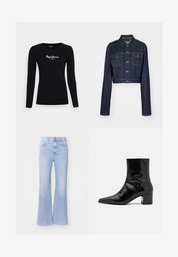 Chaqueta de mezclilla oscura recortada con cierre de botones, dos bolsillos en el pecho y un cuello clásico. Presenta costuras blancas y mangas largas.; Camiseta de manga larga negra hecha de algodón, con cuello redondo y logo blanco "Pepe Jeans LONDON" en el centro.; Jeans de campana de color azul claro con cintura alta, textura de denim, bolsillos frontales y cierre con botones. Acabado limpio en el dobladillo.; Botín de charol negro hasta el tobillo con punta afilada, parte superior estructurada y tacón grueso. Presenta una textura lisa y brillante.