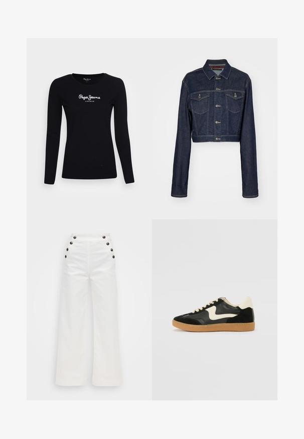 Chaqueta de mezclilla oscura recortada con cierre de botones, dos bolsillos en el pecho y un cuello clásico. Presenta costuras blancas y mangas largas.; Camiseta de manga larga negra hecha de algodón, con cuello redondo y logo blanco "Pepe Jeans LONDON" en el centro.; Pantalones blancos de pierna ancha con cintura alta, cinco botones negros en cada lado y textura suave de tela de algodón. Diseño limpio, sin patrones.; Zapatillas de deporte de ante y cuero negro con un swoosh lateral en crema y un talón en crema claro. Presenta cordones beige y una suela de goma marrón.