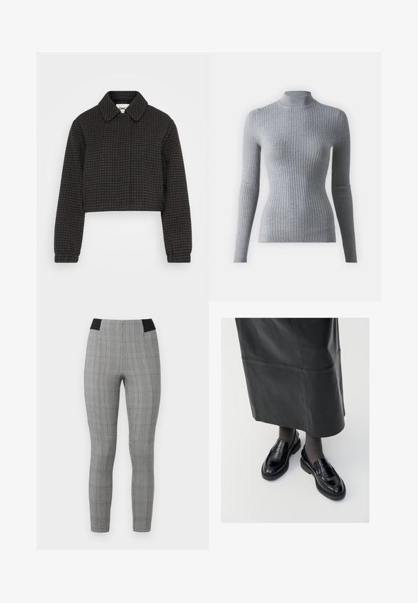 ONLY Petite ONLELLA SHORT CHECK JACKET - Suvejakk - black; Hallide ribaga turtleneck särk pikkade varrukatega, valmistatud kudumiskangast. Omab kitsast disaini ja kõrgemat kaelust lisasoojuse saavutamiseks.; Halli ruudulised leggingud vormitud disainiga, millel on must elastne piht ja küljetaskud. Tekstureeritud kangas ruudumustriga.; Mustad nahast loafertossud sileda pinnaga, dekoratiivse rihma, ümarate varvaste ja tekstuuriga tallaga. Kanda pikkade mustade nahkseelikutega.