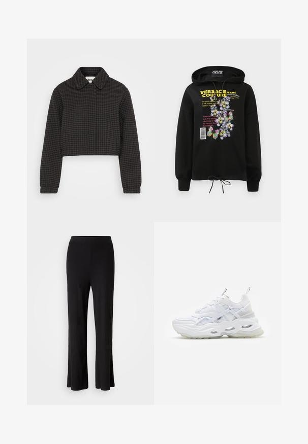 ONLY Petite ONLELLA SHORT CHECK JACKET - Letná bunda - black; Čierna mikina s kapucňou, ktorá obsahuje farebné grafiky kvetov a motýľov, potlačený text a pás na sťahovanie. Materiál je mäkký a textúrovaný.; Čierne pruhované široké nohavice s hladkým, elastickým pásom a rozšíreným lemom. Textúra látky je jemná a elastická, poskytujúca komfort.; Biele tenisky s masívnou podrážkou, vrstveným sieťovinovým a syntetickým zvrškom, s vzorovanými akcentmi, systémom šnurovania a poutkom.