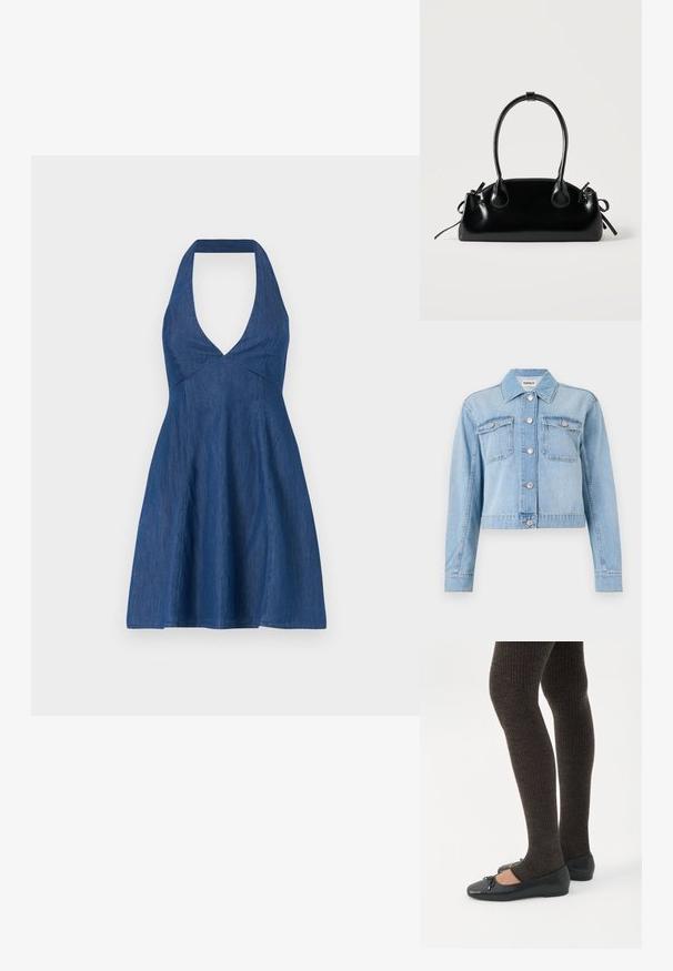 Chaqueta de denim azul claro con un diseño corto, que presenta dos bolsillos en el pecho, botones plateados y adornos de strass dispersos.; Vestido de mezclilla en azul oscuro con escote halter y corte en V profundo, que presenta un corpiño ajustado y una falda acampanada para una silueta fluida.; Piernas con leggings oscuros acanalados combinados con bailarinas negras que presentan pequeños detalles de lazo sobre un fondo blanco.; Pequeño bolso negro brillante con dos asas largas y detalles de cordón lateral sobre un fondo claro liso.