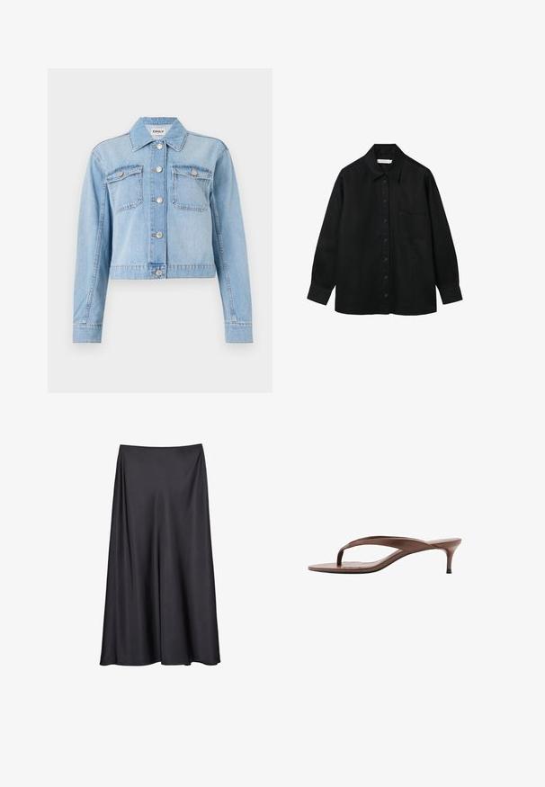 Veste en denim bleu clair au design court, dotée de deux poches poitrine, de boutons en métal argenté et d'embellissements en strass dispersés.; Chemise noire à manches longues avec boutons, col et poche poitrine, posée à plat sur un fond blanc.; Jupe noire en A, réalisée en tissu lisse, dotée d'une large ceinture élastique et d'un design fluide qui tombe jusqu'à mi-mollet.; Sandale en cuir marron avec lanière, petit talon « kitten » et bout carré, vue de profil sur fond blanc.