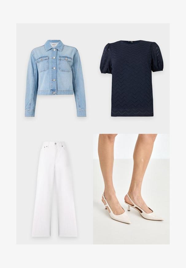 Veste en denim bleu clair au design court, dotée de deux poches poitrine, de boutons en métal argenté et d'embellissements en strass dispersés.; Blouse bleu marine avec manches courtes bouffantes et motif ajouré en zigzag sur tout le tissu.; Jean large blancs à taille haute, avec cinq poches, bouton en métal argenté et fermeture à glissière. Fabriqué en denim avec une finition texturée.; Escarpins à talon slingback en cuir verni beige avec un bout pointu et un talon de 5 cm, présentant des côtés découpés et une fine bride à la cheville.