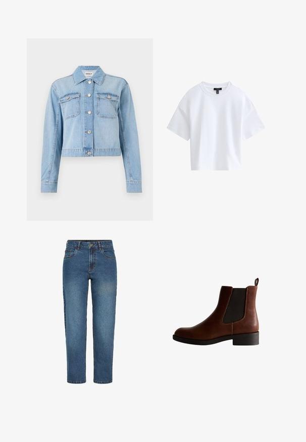 Veste en denim bleu clair au design court, dotée de deux poches poitrine, de boutons en métal argenté et d'embellissements en strass dispersés.; T-shirt court blanc uni à manches courtes avec un col rond et une étiquette de marque noire à l'intérieur du col.; Jean en denim bleu taille haute à jambes droites avec bouton et fermeture éclair devant, deux poches avant et passants de ceinture.; Botte de cheville en cuir marron avec des panneaux latéraux élastiques, un bout arrondi et un petit talon. Présente un surpiqûre contrastante et une languette.