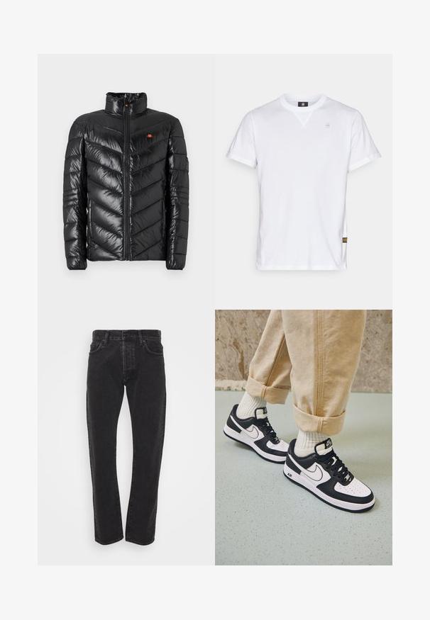 Schwarze Steppjacke mit hohem Kragen, gestepptem Chevron-Muster, Frontreißverschluss und kleinem Logo-Akzent auf der Brust. Glatte, glänzende Textur.; Weißes Baumwoll-T-Shirt mit kurzen Ärmeln, Rundhalsausschnitt und einem kleinen Logo auf der Brust. Mit einem seitlichen Etikett zur Markenidentifikation.; Schwarze gerade geschnittene Jeans für Herren mit vorderem Knopf und Reißverschluss, fünf Taschen und Gürtelschlaufen auf einem schlichten weißen Hintergrund.; Schwarz-weiße Nike Air Force 1 Sneaker mit einem Obermaterial aus Leder, perforierter Zehenpartie und strukturiertem Sohlendesign, getragen mit aufgerollten beigen Hosen und weißen Socken.