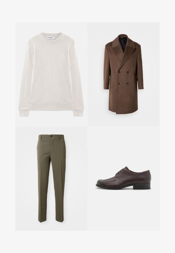 Ruskea villainen kaksirivinen takki, jossa on suuret kaulukset, kaksi etutaskua ja mustat napit. Su glatt texuuri ja pitkät hihat.; Vaaleanbeige pitkähihaisessa crewneck-neuleessa on röyhelökaulus ja -helma, hienovarainen logo vasemmassa rintapielessä ja J.Lindeberg -etiketti kauluksessa.; Oliivinvihreät muotitussingit, joissa on sileä rakenne, suora lahkeiden muotoilu, yksittäinen etupainike ja sivutaskut käytännöllisyyden vuoksi.; Ruske nahkakengät, joissa on sileä pinta, pyöreä kärki ja suljettu nauhaliitos. Varustettu matalalla pinnoitetulla korolla ja hienovaraisella ommeltyöskentelyllä.