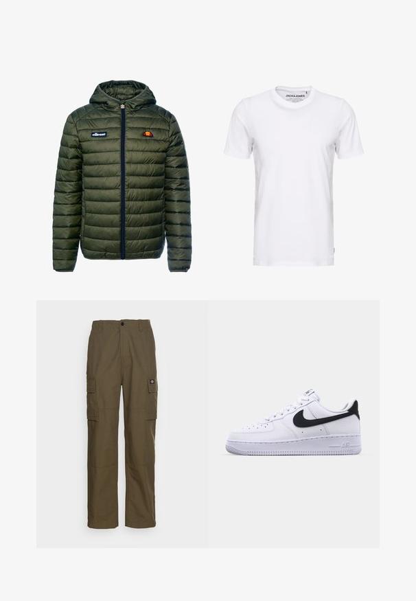 Oliven grøn puffjakke med hætte, der har quiltet tekstur, front lynlås og logoer på brystet. Lavet af let materiale.; Hvid t-shirt med korte ærmer lavet af bomuld, med en rund hals og et enkelt design. Brandtag synlig på halsområdet. Ingen mønstre eller accenter.; Cargo bukser i olivengrøn, lavet af slidstærkt stof. Har to sidelommer, en standard talje og en lige ben design.; Hvide lædersneakers med en struktureret sort Swoosh, flade snørebånd og en gummisål med et rillemønster. "AIR" er præget på hælen.