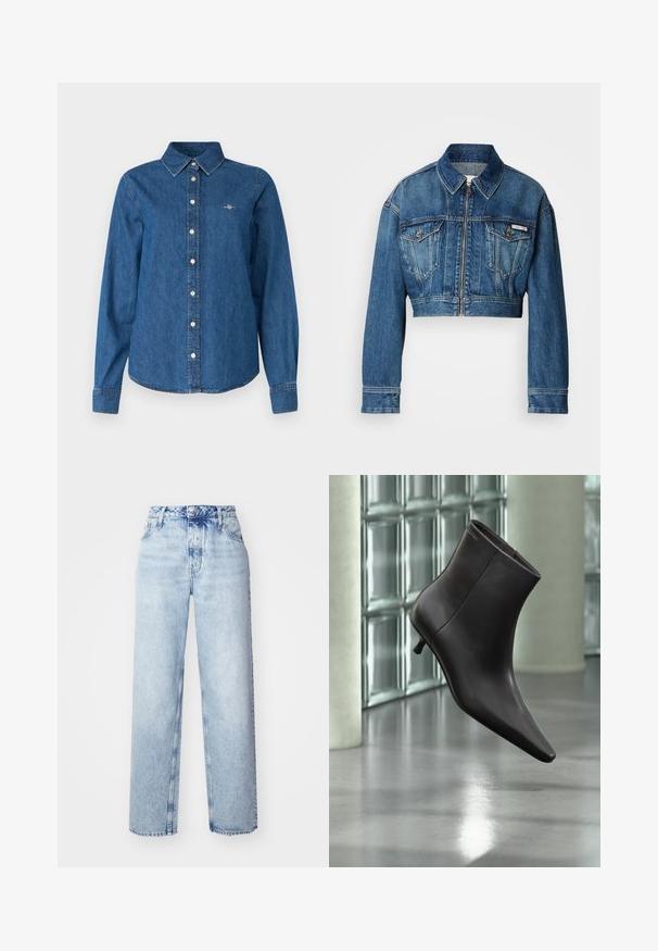 Kort denimjakke i mellemblå vask. Har en spids krave, lynlås-lukning, to brystlommer og lange ærmer med manchet-detaljer.; GANT REG - Skjortebluser - indigo; Lyseblå højtaljede jeans med løs pasform, der har lige ben, fem lommer og en klassisk knap- og lynlåslukning.; Sort læderankelstøvle med spids tå og lille hæl vist mod en væg af glasblokke og poleret gulv baggrund.
