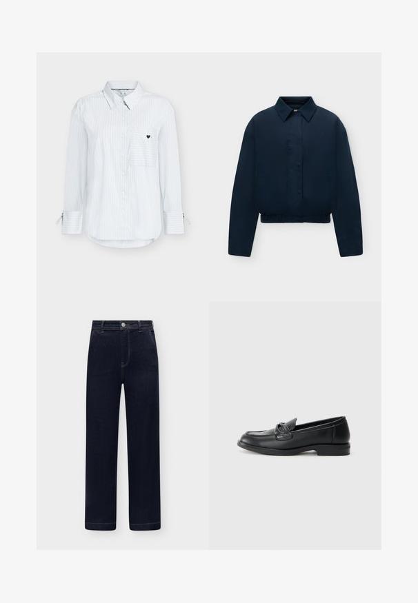 Veste bleu marine à manches longues avec col, boutons cachés sur le devant, poches latérales et ourlet élastiqué, présentée sur un fond clair uni.; Chemise blanche à rayures avec boutons, manches longues, une poche poitrine ornée d'un petit motif en forme de cœur, et des poignets de manches ajustables.; Jean en denim bleu foncé taille haute, coupe droite, poches avant, fermeture à boutons et passants de ceinture sur fond clair.; Mocassins en cuir noir avec un bout arrondi, un design cousu et un accent en nœud sur la tige. Talon bas et texture lisse.