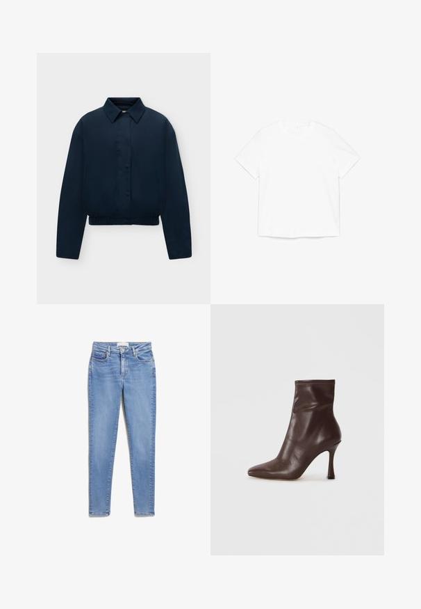 Marineblauwe lange mouwen jas met kraag, verborgen knopen aan de voorkant, zijzakken en elastische zoom, weergegeven op een effen lichte achtergrond.; Eenvoudig wit T-shirt met korte mouwen en ronde hals, plat gelegd op een witte achtergrond.; Lichtblauwe denim jeans met een slim fit, met voorzakken, een knoopsluiting en een subtiele vervaagde textuur.; Bruine leren enkellaars met een spitse neus en een slanke stilettohak. Heeft een soepele textuur en gestikte details rond de opening.