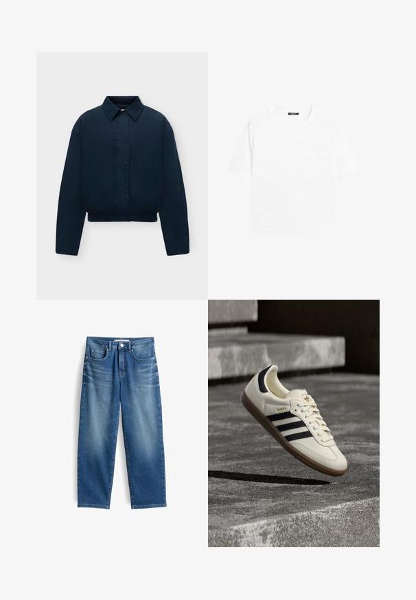 Marineblauwe lange mouwen jas met kraag, verborgen knopen aan de voorkant, zijzakken en elastische zoom, weergegeven op een effen lichte achtergrond.; Effen witte T-shirt met korte mouwen, ronde hals en een klein borstzakje aan de linkerkant.; Blauwe denim spijkerbroek met een recht gesneden ontwerp, vijf zakken en lichte vervaging op de dijen. Beschikt over een knoopsluiting en riemlussen.; Witte Adidas Samba sneaker met zwarte strepen en gumzool, zwevend boven gestructureerde grijze betonnen treden.