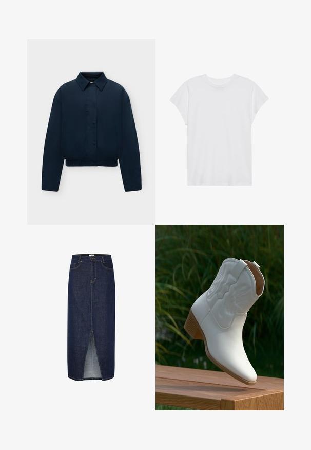 Marineblauwe lange mouwen jas met kraag, verborgen knopen aan de voorkant, zijzakken en elastische zoom, weergegeven op een effen lichte achtergrond.; Witte t-shirt met korte mouwen, ronde hals, relaxte pasvorm, gemaakt van zacht katoen. Glad textuur, geen patronen of logo's.; Denim kokerrok in donkerblauw met een voorknip, voorzien van gele stikken en een klassieke vijfzakken ontwerp. Rits sluiting achter.; Witte leren cowboylaars tot halverwege de kuit met decoratief stiksel en een opgestapelde houten hak, rustend op een houten oppervlak buiten.