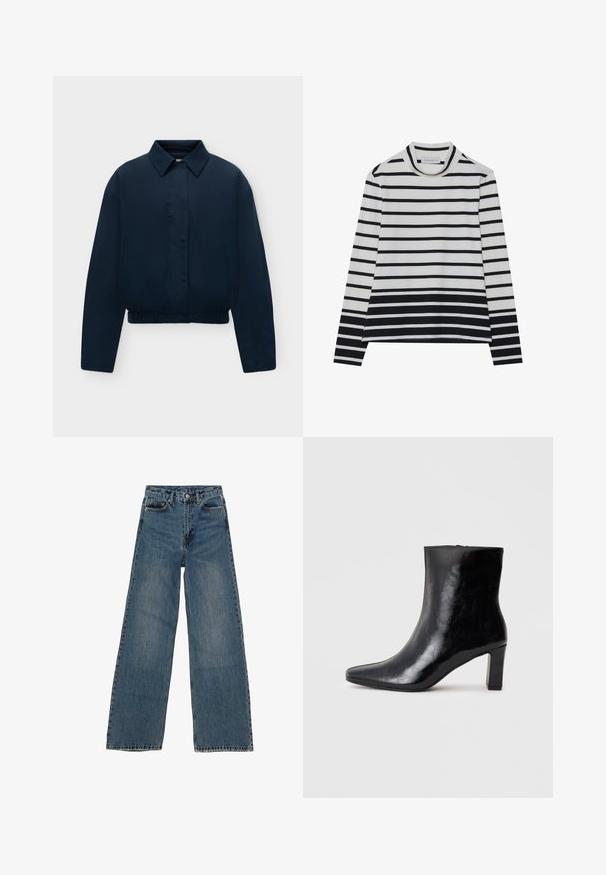 Chaqueta azul marino de manga larga con cuello, botones delanteros ocultos, bolsillos laterales y bajo elástico, mostrada sobre un fondo liso y claro.; Top de manga larga hecho de algodón, con rayas horizontales en blanco y negro, un cuello alto tipo mock y un corte relajado con aberturas laterales.; Jeans de mezclilla azul de pierna ancha con cintura alta, cinco bolsillos y costuras en contraste. Desvanecimientos y ligerasImperfecciones visibles en la tela.; Botín negro de tobillo hecho de cuero brillante, con punta afilada y un tacón de bloque medio, con una textura suave y un diseño sencillo.