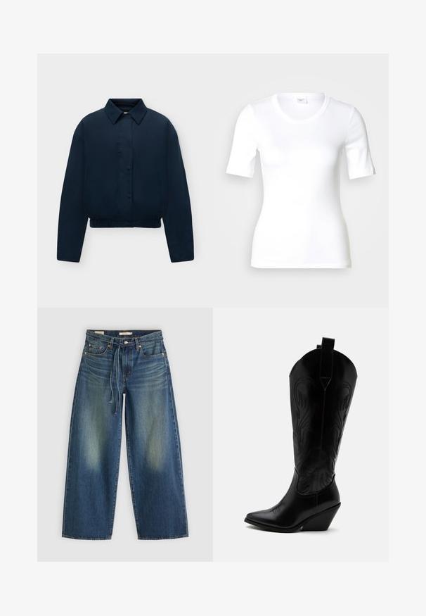 Marineblauwe lange mouwen jas met kraag, verborgen knopen aan de voorkant, zijzakken en elastische zoom, weergegeven op een effen lichte achtergrond.; Wit T-shirt met korte mouwen van glad katoen, met een ronde halslijn en een aangesloten pasvorm. Klassiek ontwerp, zonder patronen of accenten.; Denim wide-leg jeans in donkerblauw met een vervaagd ontwerp, voorzien van een trekkoord in de taille en vijf zakken.; Zwarte leren cowboylaars met puntige neus, schuine blokhak, decoratieve stiksels en aantreklusjes bovenaan tegen een witte achtergrond.