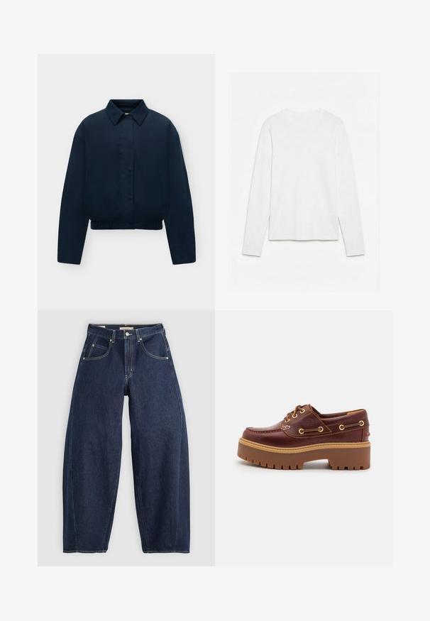 Marineblauwe lange mouwen jas met kraag, verborgen knopen aan de voorkant, zijzakken en elastische zoom, weergegeven op een effen lichte achtergrond.; Effen wit, langarmig shirt met ronde hals, plat neerligt op een witte ondergrond, waarbij de voorkant en de volledige mouwlengte zichtbaar zijn.; Donkerblauwe denim jeans met een losse fit, lichte stiksels, vijf zakken en een knoopsluiting op de taille.; Bruine leren botenschoenen met een stevige bruine rubberen zool, gouden ogen en contraststiksels. Heeft een logo aan de zijkant.