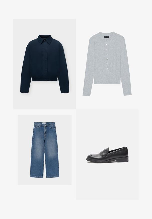 Chaqueta azul marino de manga larga con cuello, botones delanteros ocultos, bolsillos laterales y bajo elástico, mostrada sobre un fondo liso y claro.; Cárdigan gris de manga larga hecho de tela acanalada, con escote redondo y seis botones frontales con un ligero brillo.; Vaqueros azul denim de pierna ancha con bolsillos delanteros y cinturón atado, mostrando leves áreas desgastadas en los muslos.; Mocasines de cuero negro con un acabado suave, punta redondeada y detalle de costura lateral. Presentan un tacón bajo y rectangular.