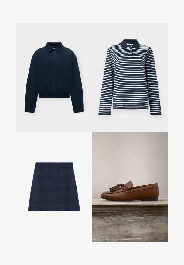 Marineblauwe lange mouwen jas met kraag, verborgen knopen aan de voorkant, zijzakken en elastische zoom, weergegeven op een effen lichte achtergrond.; Poloshirt met lange mouwen in marineblauw en witte strepen, gemaakt van katoen, met een knoopsluiting bij de kraag en een klein logo op de borst.; Navyblauwe geruite rok met een effen tailleband, gekenmerkt door een textuurpatroon in lichtere tinten. A-lijnvorm, gemaakt van een zachte, comfortabele stof.; Bruine leren loafer met kwastjes, balancerend op de rand van een houten tafel, met groene bladeren wazig op de achtergrond.
