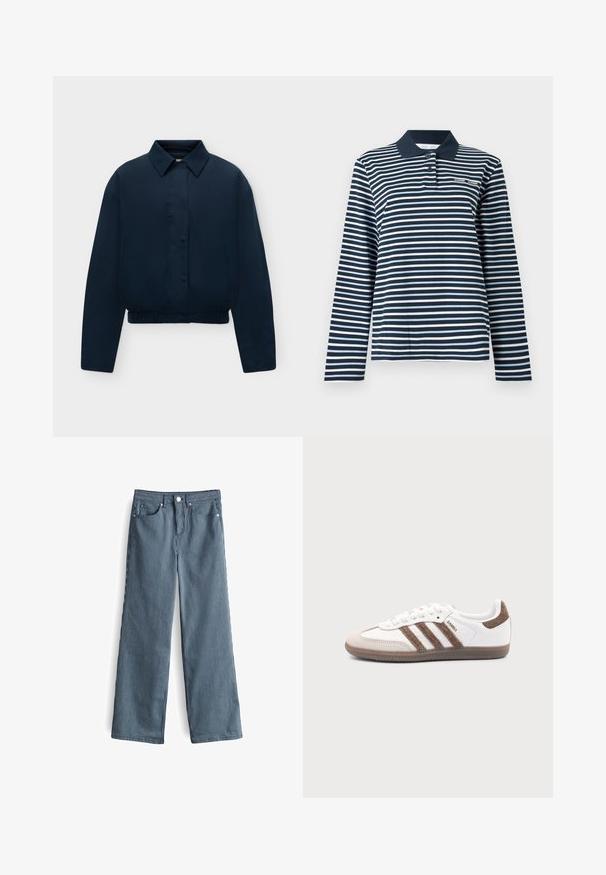 Marineblaue Jacke mit langen Ärmeln, Kragen, verdeckten Knöpfen vorne, Seitentaschen und elastischem Saum, auf schlichtem hellem Hintergrund dargestellt.; Langärmeliges Poloshirt in Marineblau und Weiß mit Streifen, aus Baumwollmaterial, mit einem geknöpften Kragen und einem kleinen Logo auf der Brust.; Helle blaue und weiße gestreifte weite Hosen mit hoher Taille, ausgestattet mit fünf Taschen und einem knöpfbaren Bund.; Weißer Adidas Samba Sneaker mit braunen Wildlederstreifen, brauner Gummisohle und beiger Wildlederkappe, von der Außenseite auf schlichtem Hintergrund gezeigt.