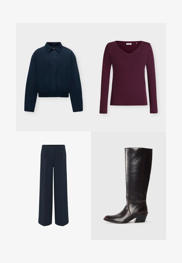 Marineblauwe lange mouwen jas met kraag, verborgen knopen aan de voorkant, zijzakken en elastische zoom, weergegeven op een effen lichte achtergrond.; Donkerpaarse longsleeve met V-hals en rechte zoom, getoond tegen een effen witte achtergrond. Geen zichtbare patronen of ontwerpen.; Wijd-uitlopende broek in donkerblauw, met een gladde stof, op maat gemaakte plooien en een hoge taille. Geen zichtbare zakken of versieringen.; Knielange, donkerbruine leren laars met een spitse neus, hoekige blokhak en een gladde, glanzende textuur. Heeft een strak ontwerp en stikdetails.
