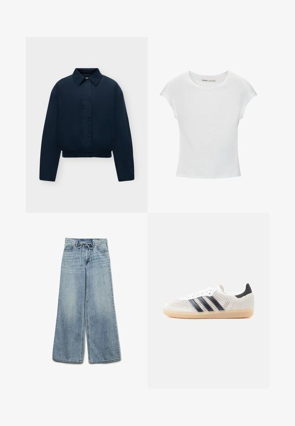Veste bleu marine à manches longues avec col, boutons cachés sur le devant, poches latérales et ourlet élastiqué, présentée sur un fond clair uni.; T-shirt en coton blanc avec manches courtes retroussées, encolure ronde et ourlet droit. Texture lisse sans motifs ni accents visibles.; Jean large bleu clair en denim avec une taille élastique et un cordon de serrage, comportant des poches avant et une texture délavée.; Baskets en maille blanche avec un design à trois bandes noires, bout arrondi et semelle en caoutchouc gomme. Dotées d'un col de talon souple et d'une fermeture à lacets.