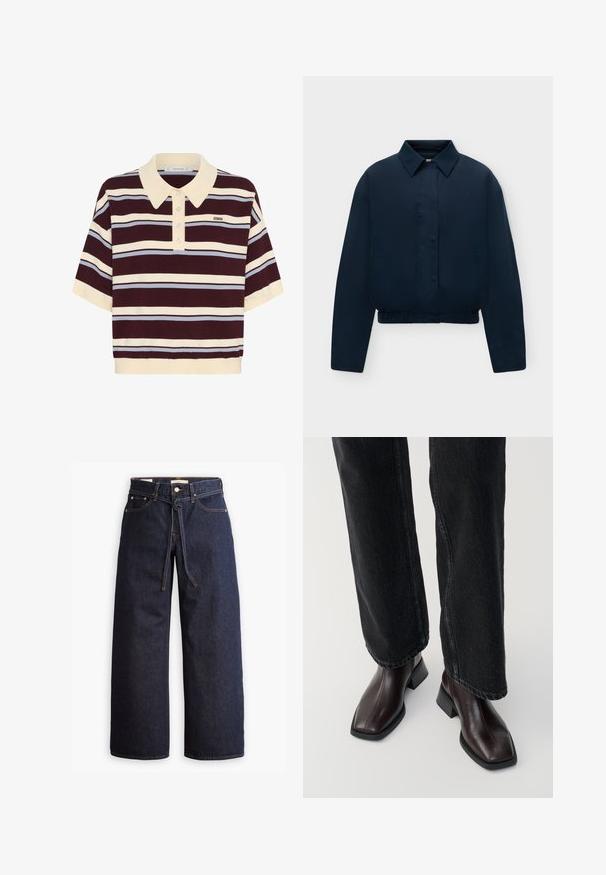 Marineblauwe lange mouwen jas met kraag, verborgen knopen aan de voorkant, zijzakken en elastische zoom, weergegeven op een effen lichte achtergrond.; Korte mouwen polo shirt in kastanjebruin en crèmekleurige strepen met lichtblauwe accenten, met een kraag en knoopsluiting. Zacht gebreide stof.; Wijd pijpjes donkerblauwe denim jeans met een hoge taille, voorzien van een trekkoord, vijf zakken en contrasterende stiksels.; Bruine leren enkellaarsjes met een vierkante neus en blokhak, gecombineerd met zwarte wijde jeans. Glad textuur en minimalistisch ontwerp.
