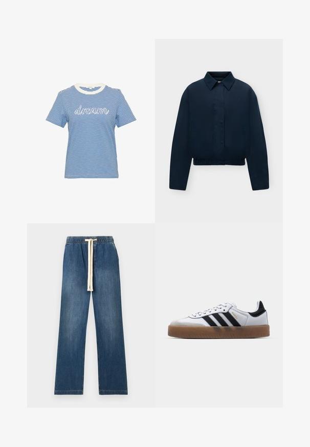 Marineblauwe lange mouwen jas met kraag, verborgen knopen aan de voorkant, zijzakken en elastische zoom, weergegeven op een effen lichte achtergrond.; Blauw-witte gestreepte kortemouwen t-shirt met een witte geribbelde halslijn en de tekst "droom" in witte schrift op de voorkant.; Blauwe denimbroek met een losse pasvorm, elastische tailleband en een crèmekleurig trekkoord. Rechte pijpen en minimale stiksel details.; Witte leren sneakers met zwarte strepen, gumrubberen buitenzool, ronde neus, vetersluiting en een zachte grijze suède neuskap.