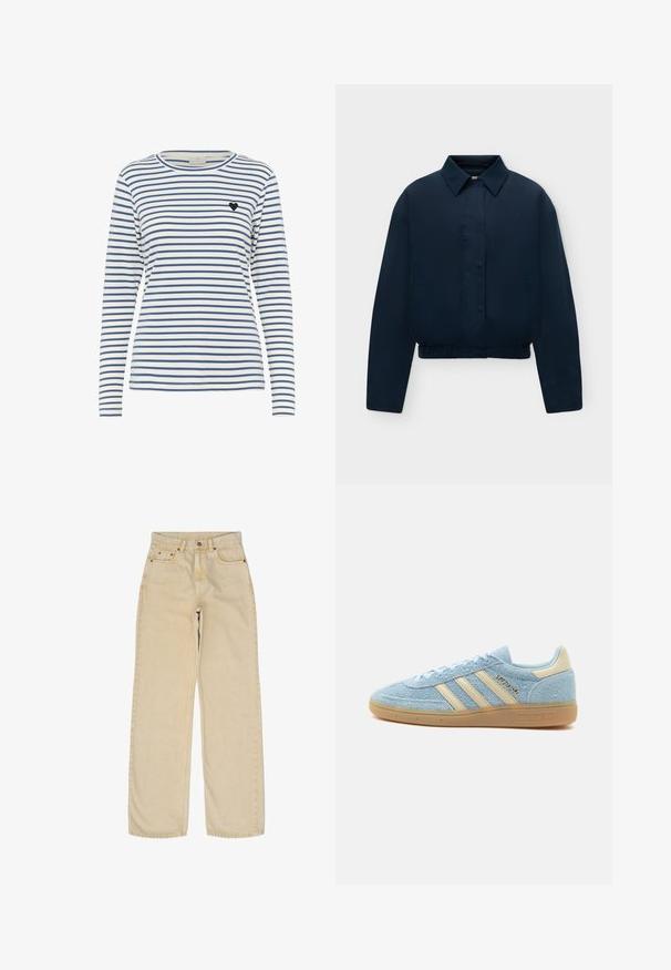 Chaqueta azul marino de manga larga con cuello, botones delanteros ocultos, bolsillos laterales y bajo elástico, mostrada sobre un fondo liso y claro.; Camisa de manga larga a rayas en blanco y azul marino, con un cuello redondo y un pequeño acento de corazón negro en el lado izquierdo del pecho. Textura de tejido suave.; Jeans beige de pierna ancha hechos de denim, con cinco bolsillos, detalles de costura y un cierre de botón en la cinturilla. Con un frente plano y piernas rectas.; Zapatilla Adidas de ante azul claro con rayas beige y lengüeta en el talón, suela de goma y la marca "SPEZIAL" en el lateral.