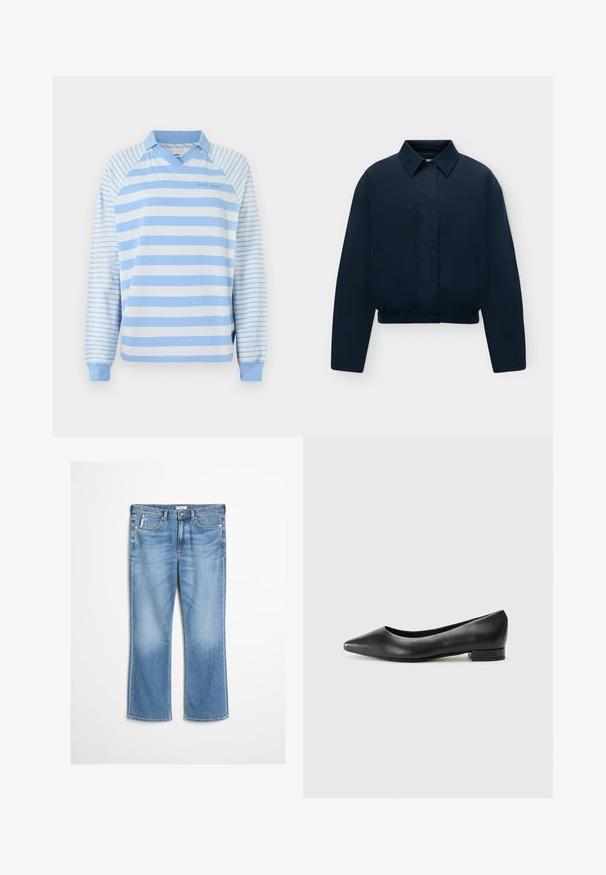 Veste bleu marine à manches longues avec col, boutons cachés sur le devant, poches latérales et ourlet élastiqué, présentée sur un fond clair uni.; Polo à manches longues rayé bleu clair et blanc avec un col en V, doté d'un col côtelé et de poignets élastiques. Design simple et matière en coton.; Jean en denim bleu clair avec coupe droite, comportant cinq poches, une braguette à boutons et un léger effet délavé pour un look décontracté.; Ballerines en cuir noir avec un bout pointu, un petit talon rectangulaire, une texture lisse et un design simple et minimaliste.