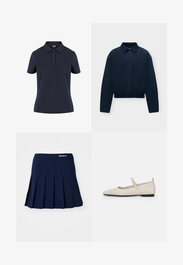 Marineblå jakke med lange ærmer, krave, skjulte knapper foran, sidelommer og elastisk kant, vist på en ensfarvet lys baggrund.; Mørkeblå polo shirt lavet af blødt stof, med klassisk krave, tre-knaps placket og korte ærmer med en afslappet pasform.; Marineblå plisseret nederdel lavet af letvægtsstof; har en elastisk talje og en lille lynlås-lomme, med et hvidt Adidas-logo på forsiden.; Hvide ballerinasko i læder med spids tå, ankelsnor og lav sort hæl. Glat tekstur med minimale detaljer.