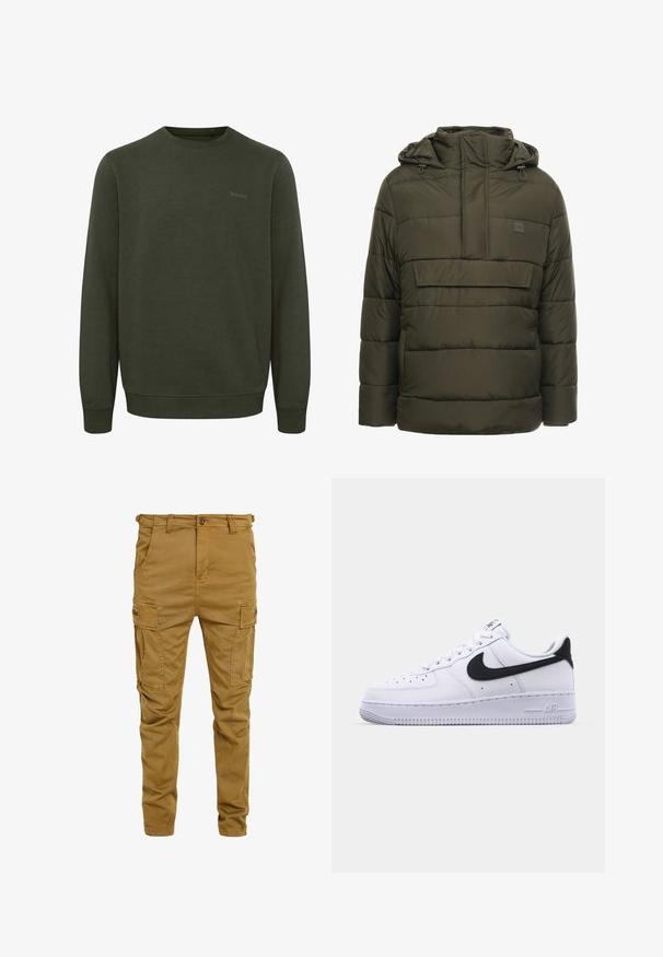 Olivgrüne Steppjacke mit Kapuze, ausgestattet mit einer vorderen Brusttasche, genähten Abschnitten und Zugbändern für eine optimale Passform.; Olivgrüner Sweatshirt aus weichem Stoff, mit rundem Halsausschnitt, langen Ärmeln und gerippten Bündchen. Subtiles "blend"-Logo in passender Farbe.; Khaki Cargo-Hosen aus robustem Baumwollmix, mit mehreren seitlichen Taschen, einem Knopfverschluss und einem leicht taillierten Bein Design.; Weißes Leder-Sneaker mit einem strukturierten schwarzen Swoosh, flachen Schnürsenkeln und einer Gummisohle mit genoppetem Muster. "AIR" ist auf der Ferse eingeprägt.