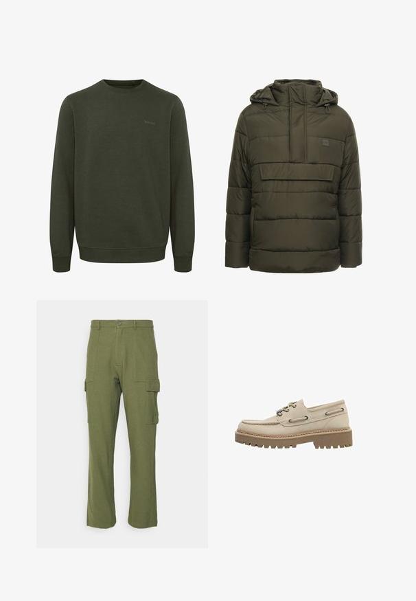 Olivgrüne Steppjacke mit Kapuze, ausgestattet mit einer vorderen Brusttasche, genähten Abschnitten und Zugbändern für eine optimale Passform.; Olivgrüner Sweatshirt aus weichem Stoff, mit rundem Halsausschnitt, langen Ärmeln und gerippten Bündchen. Subtiles "blend"-Logo in passender Farbe.; Pier One Cargohose - khaki; Beiger Leder-Bootsschuh mit Schnürung, dicker brauner Sohlennarbe und Moc-Toe-Naht, seitlichen Schnürdetails und Metallösen.