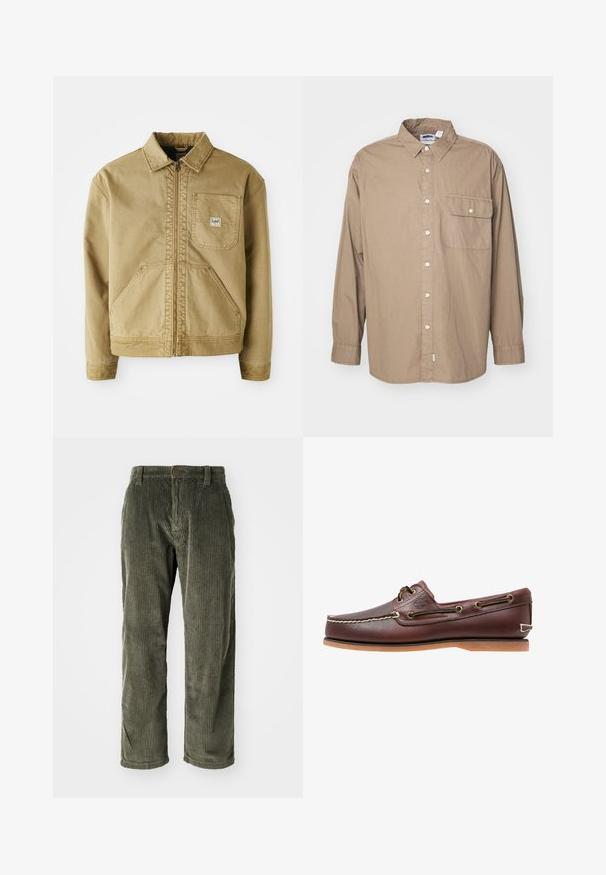 Tan jakke med lynlås i front, spidse krave, brystlomme og store sidelommer. Lavet af robust stof med synlige syninger.; Tanktop, lange ærmer, lysbrun bomuldsstof, knaplukning fortil, enkelt brystlomme med flap, klassisk krave, lige kant.; Olivengrønne fløjlsbukser med lodrette ribber, der har knaplukning og lige ben. Blød tekstur med en klassisk pasform.; Brun læder bådsko med hvide sømme, snøre detaljer og lysbrun gummisål, vist fra siden på hvid baggrund.