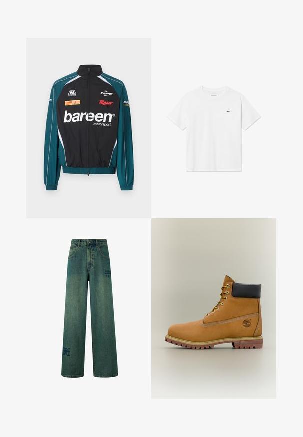 Zwart en turquoise motorsportjack met volledige ritssluiting aan de voorkant, logo's waaronder "bareen," "Rally," en "B-energy" op de voorkant en mouwen.; Wit katoenen T-shirt met korte mouwen en een ronde hals. Voorzien van een klein zwart logo "W.W." op de linkerborst. Eenvoudig ontwerp.; Brede jeans in donkerblauwe denim met een subtiele vervaagde textuur. Bevat achterzakken en een decoratieve logo-detail.; Bruine leren enkellaars met zwarte kraag, gele veters en een zandkleurige zool. Voorzien van een logo en witte stikseldetails. Robuuste loopzool met grip.